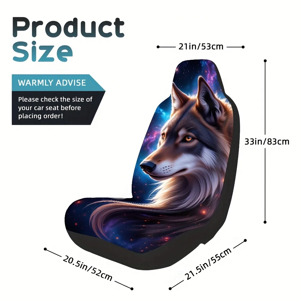 2pcs Wolf For Galaxy Artistic Stars Print Front Seat Covers - Quick-Remove & Washable, Durable Polyester Fiber, Universal Fit Fo