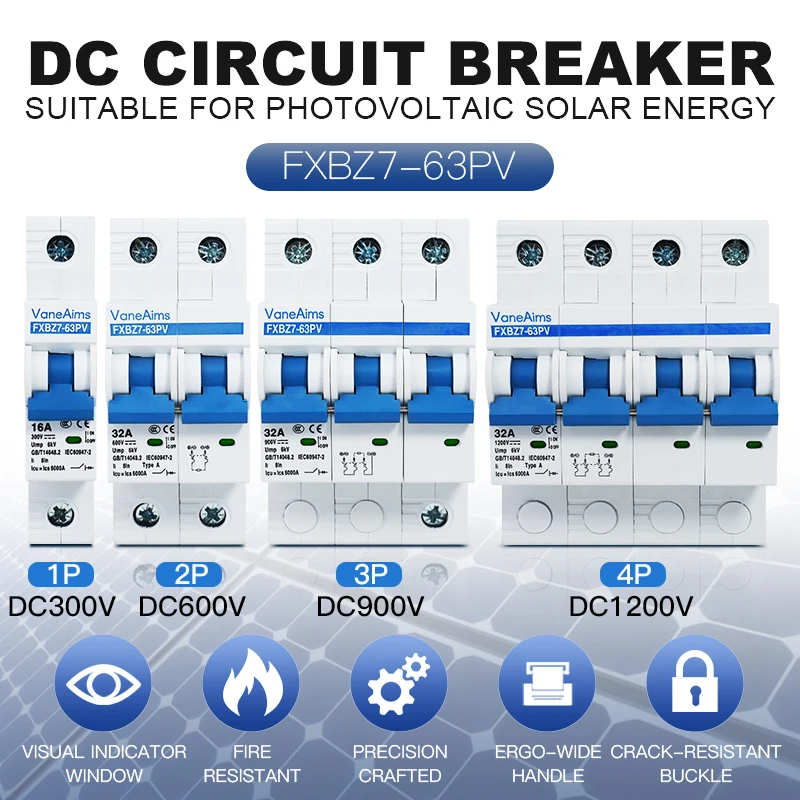 DC 300V 600V 1P 2P Solar Mini Circuit Breaker Din Rail 6A 10A 16A 63A MCB Overload Protection Switch for PV Photovoltaic System