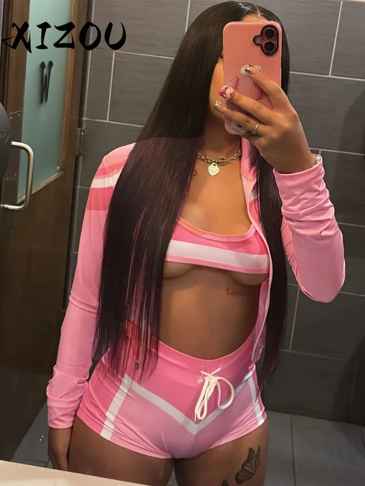 

XIZOU контрастный лоскутный комплект из 3 предметов, женские топы без бретелек с лямкой на шее + кардиган, укороченная куртка + шорты на шнурке, сексуальные спортивные наряды