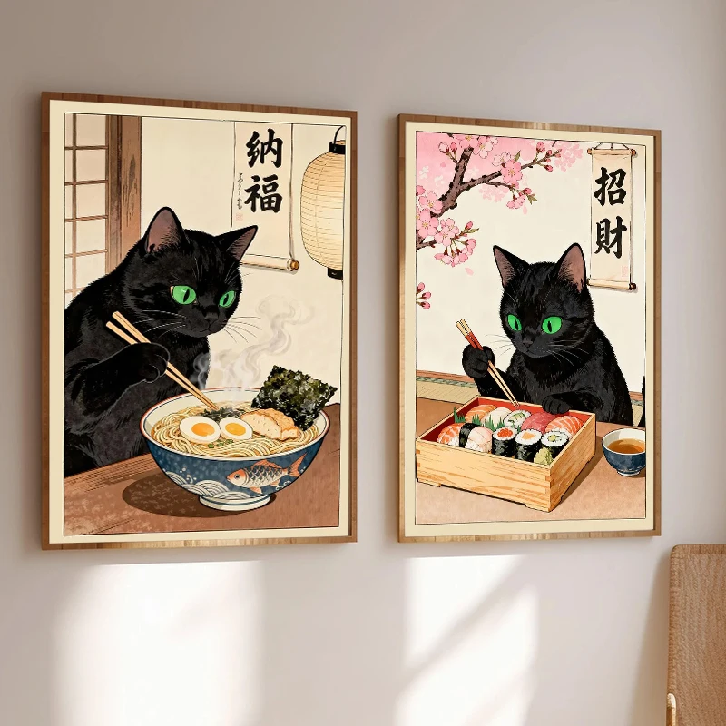 Linda Pintura en Lienzo de Gato Negro Comiendo Rábanos y Sushi, Póster de Gato con Comida Japonesa, Arte de Pared para Cocina, Decoración Acogedora para Amantes de la Comida