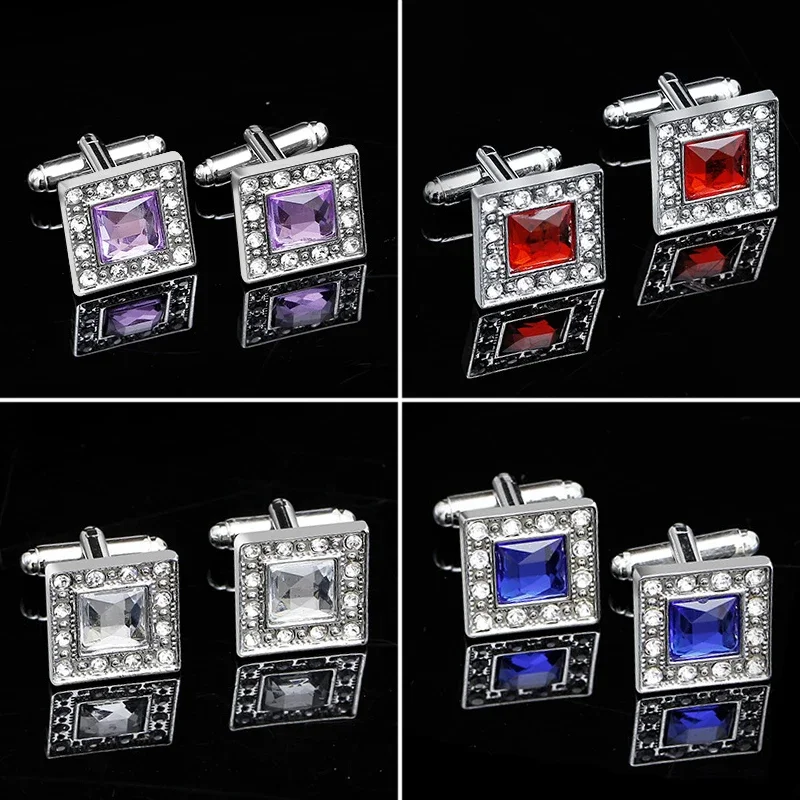 1Pair French Zircon Square Cufflinks Fashion Men\'s Business Banquet Suit Shirt Cuffs Buttons Luxury Wedding Cuff Links Gifts