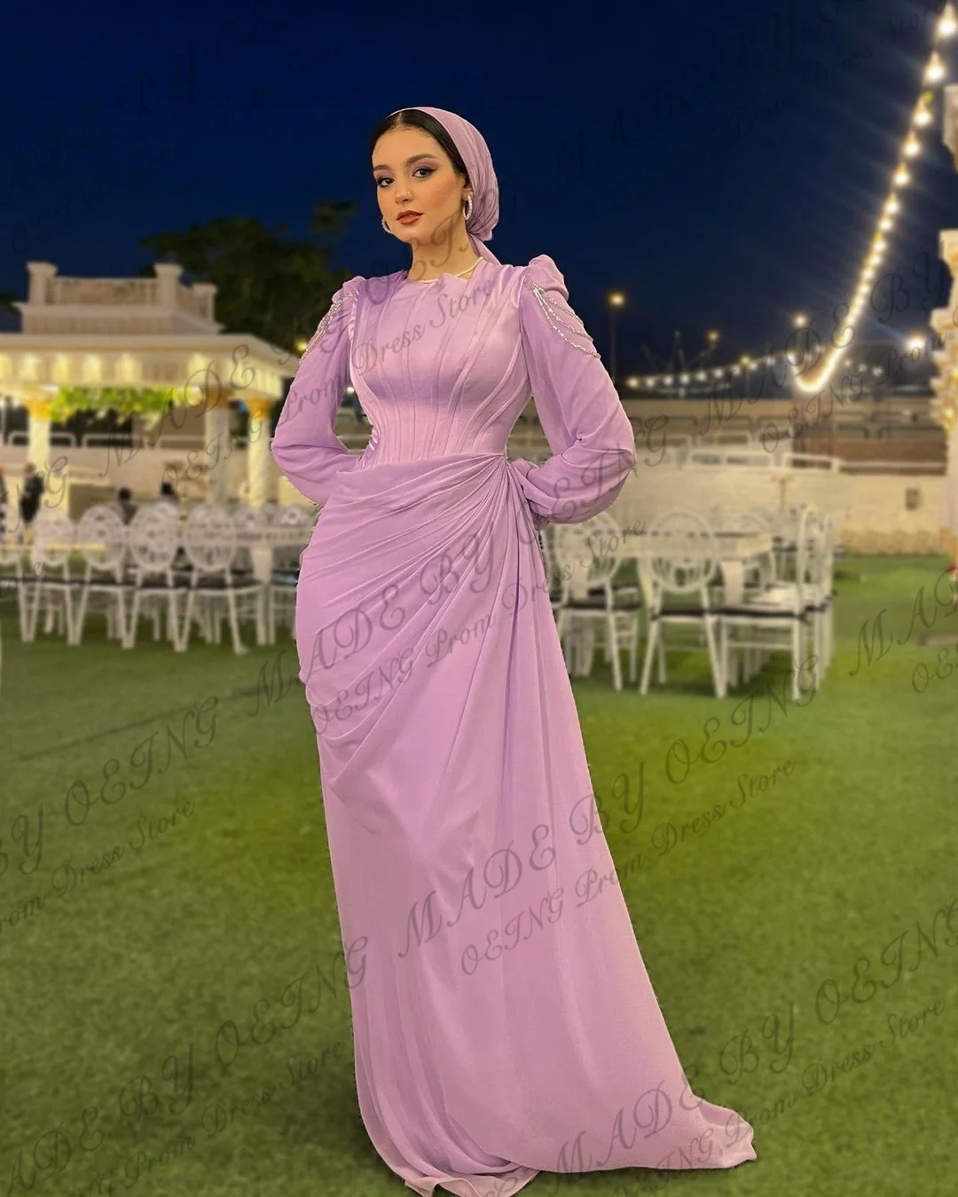 OEING Simple Muslim Women Evening Dresses Puff Long Sleeves High Neck Floor Length Formal Silk Party Prom Dress Occasion Event