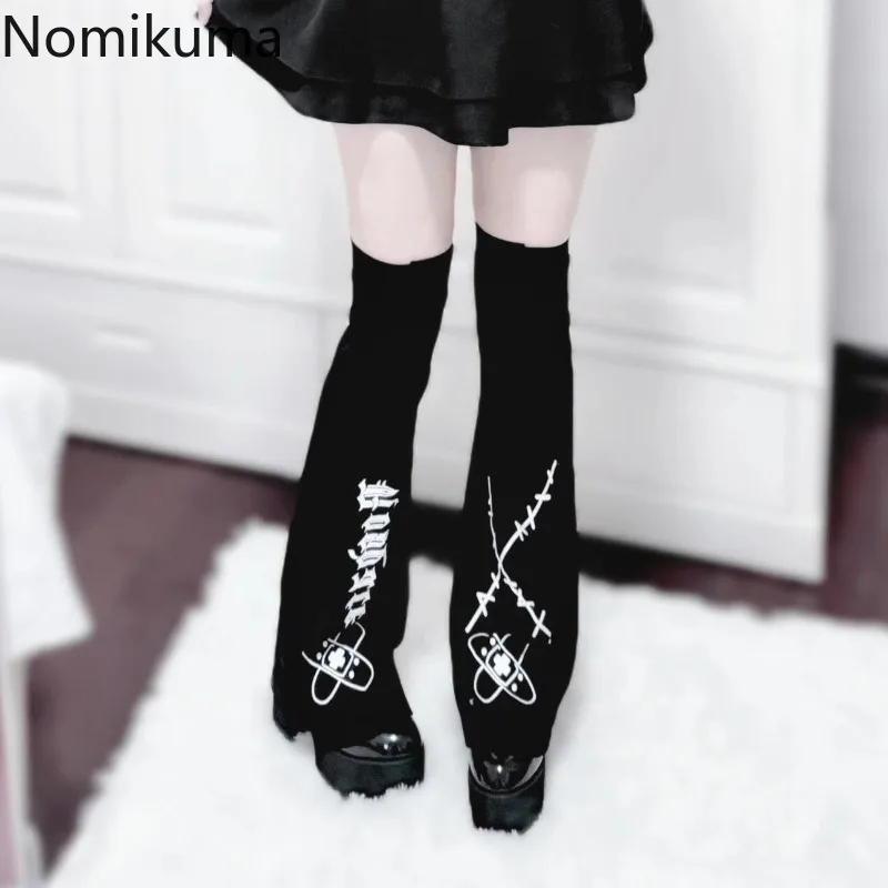 Harajuku Gothic Letter Print Black Leg Warmer Socks for Women Y2k Punk Streetwear Punk Buckle Chic Leg Cover Japanese Legwarmers