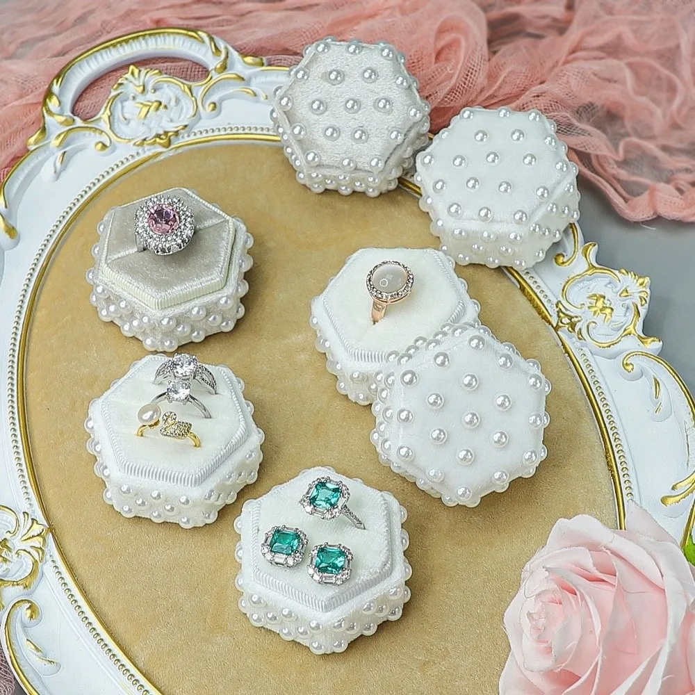 

Pearl Velvet Ring Box 2/3 Slots with Detachable Lid Elegant Jewelry Box Wedding Decor Hexagon Rings Display Holder