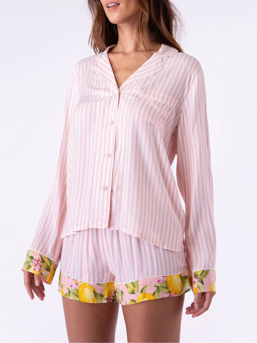 Women Summer Pjs Set Stripe/Fruit Print Button Long Sleeves Shirt and Drawstring Shorts for 2 Piece Loungewear