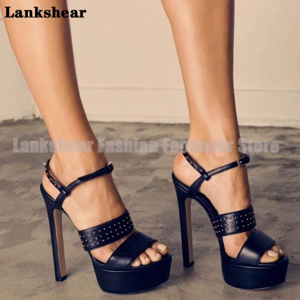 

Rivets Decor Platform Sandals Round Peep Toe Ankle Buckle Stiletto Heel Women Shoes Summer Party Pumps Sandalias De Mujer Verano