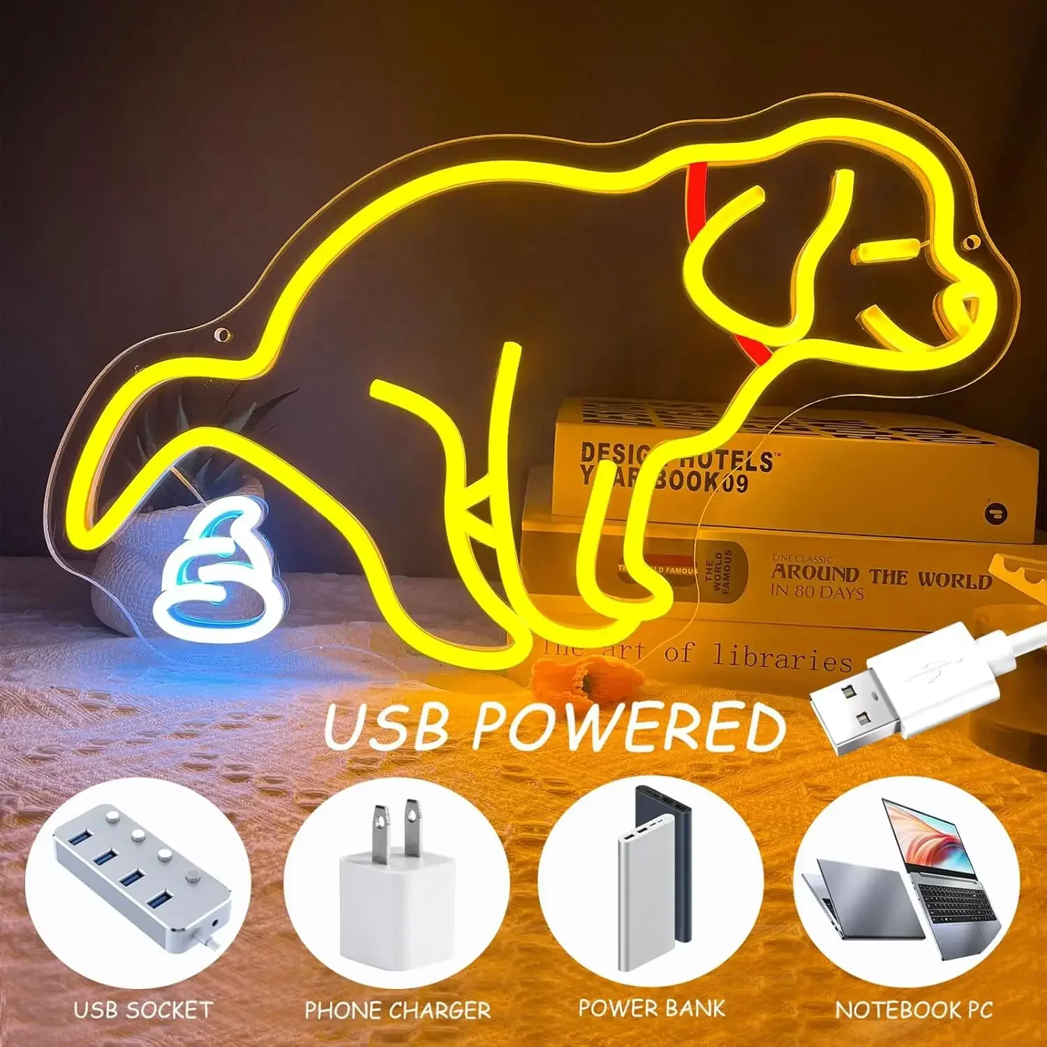 귀여운 강아지와 똥 이모티콘 네온 라이트 USB 전원 침실 거실 바 장식 재미있는 동물 야간등 애완동물 애호가를 위한 선물