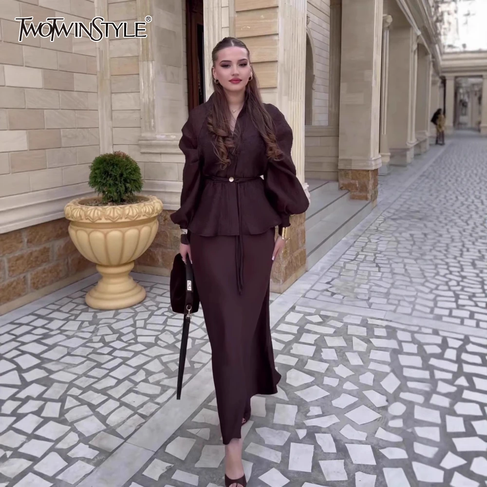 

TWOTWINSTYLE Office Two Piece Set for Women V Neck Lantern Sleeve Tunic Design Top High Waist Long Skirt Solid Outfit Female New