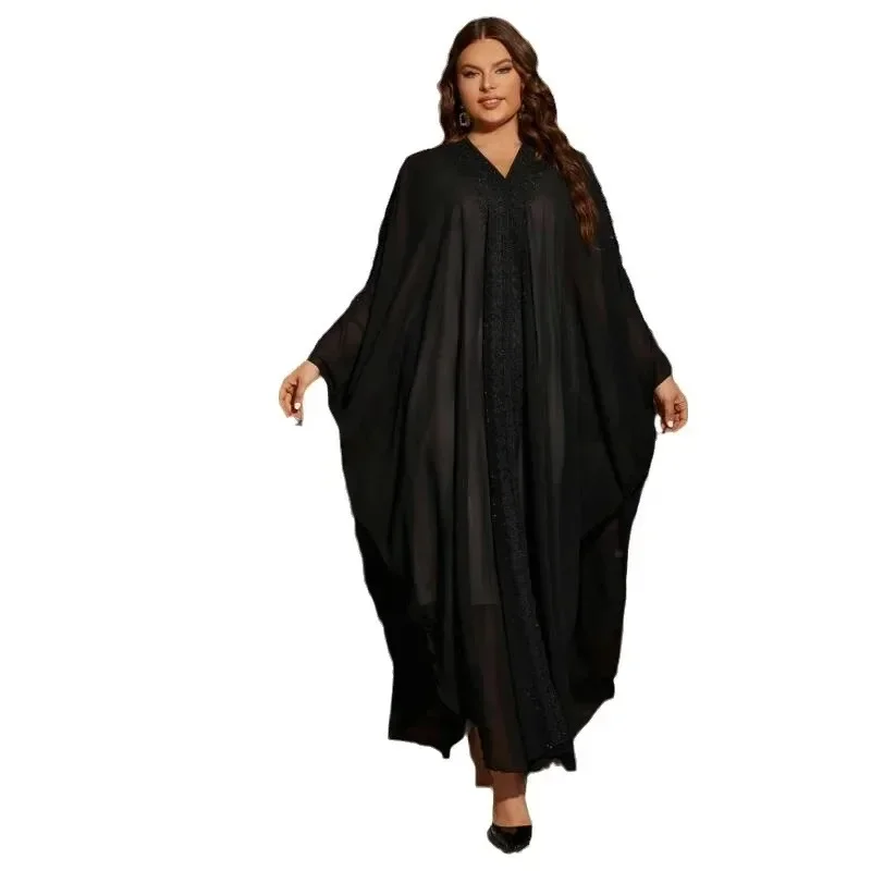 2024 Abaya Dubai Elegant Muslim Long Sleeve V-neck Black Plus Size Long Abaya Dress Kaftan Abayas for Women with Hijab Gowns