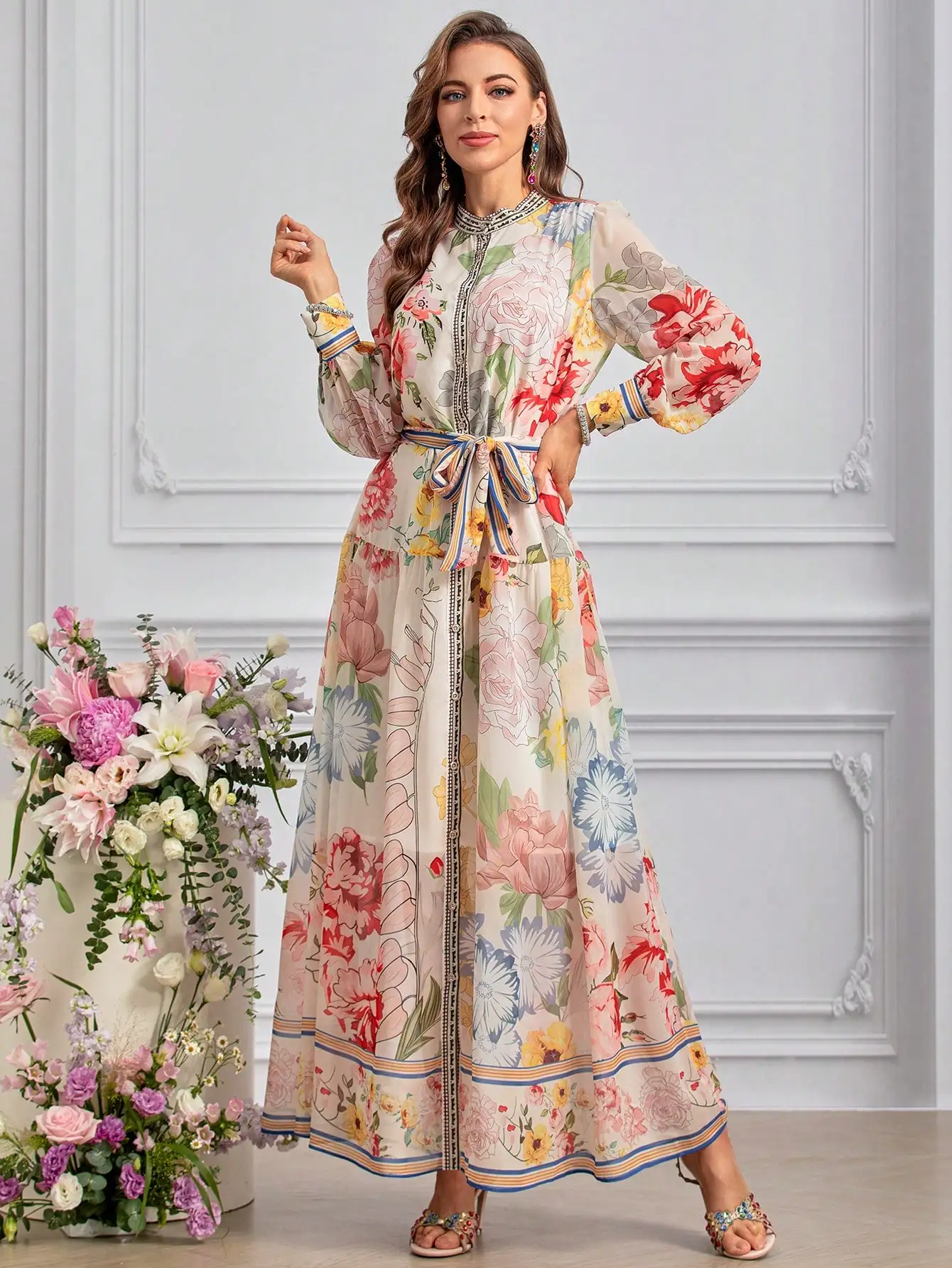 Summer Women\'s Elegant Floral Print Belted Loose Chiffon Dress