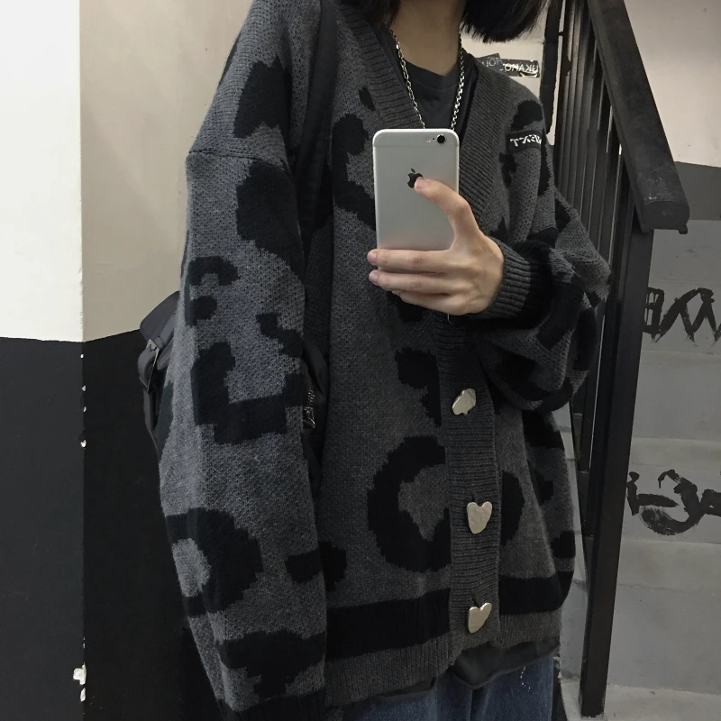 QWEEK Leopard Print Sweater Harajuku Knitted Cardigan Oversized Streetwear Gothic Style Long Sleeve Women\'s Jumpers 2021 Fashion