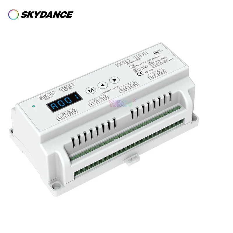 

D12 12 Channel DMX512 Decoder Constant Voltage with Display Din Rail Mounted 12CH CV PWM Decoder for Setting DMX Address 12V 24V