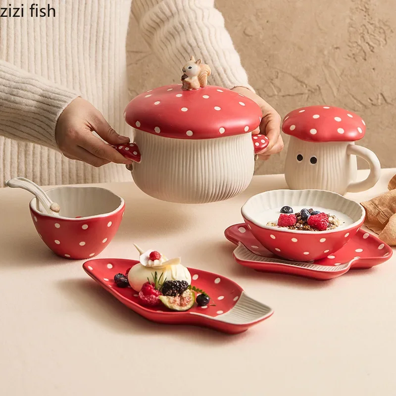 

Mushroom Ceramic Tableware Mushroom Rice Bowl Noodles Bowl Soup Pot Flat Plate Sushi Plate Mushroom Mug Spoon Kitchen Tableware