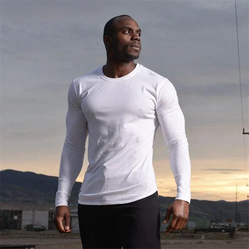 Autunm Cotton Long Sleeve T-shirts Mens New Fashion Slim Fit Sports T Shirts Male Gym Clothing Bodybuilding Shirts Fitness Tees