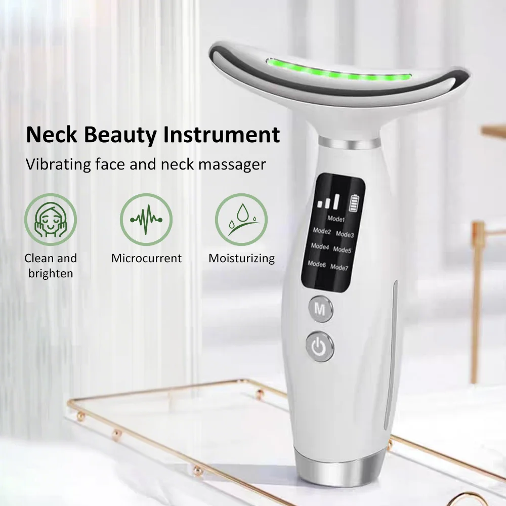 Ems microcorrente pescoço massageador elevador facial apertar contorno facial e linhas suaves dispositivo 7 cores led luz instrumento de beleza