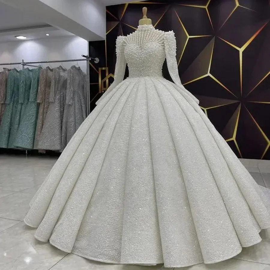 High End Pearls Wedding Dress 2026 High Collar Long Sleeves Ball Gown Beads Sequined Birde Bridal Gowns New Vestido De Novia