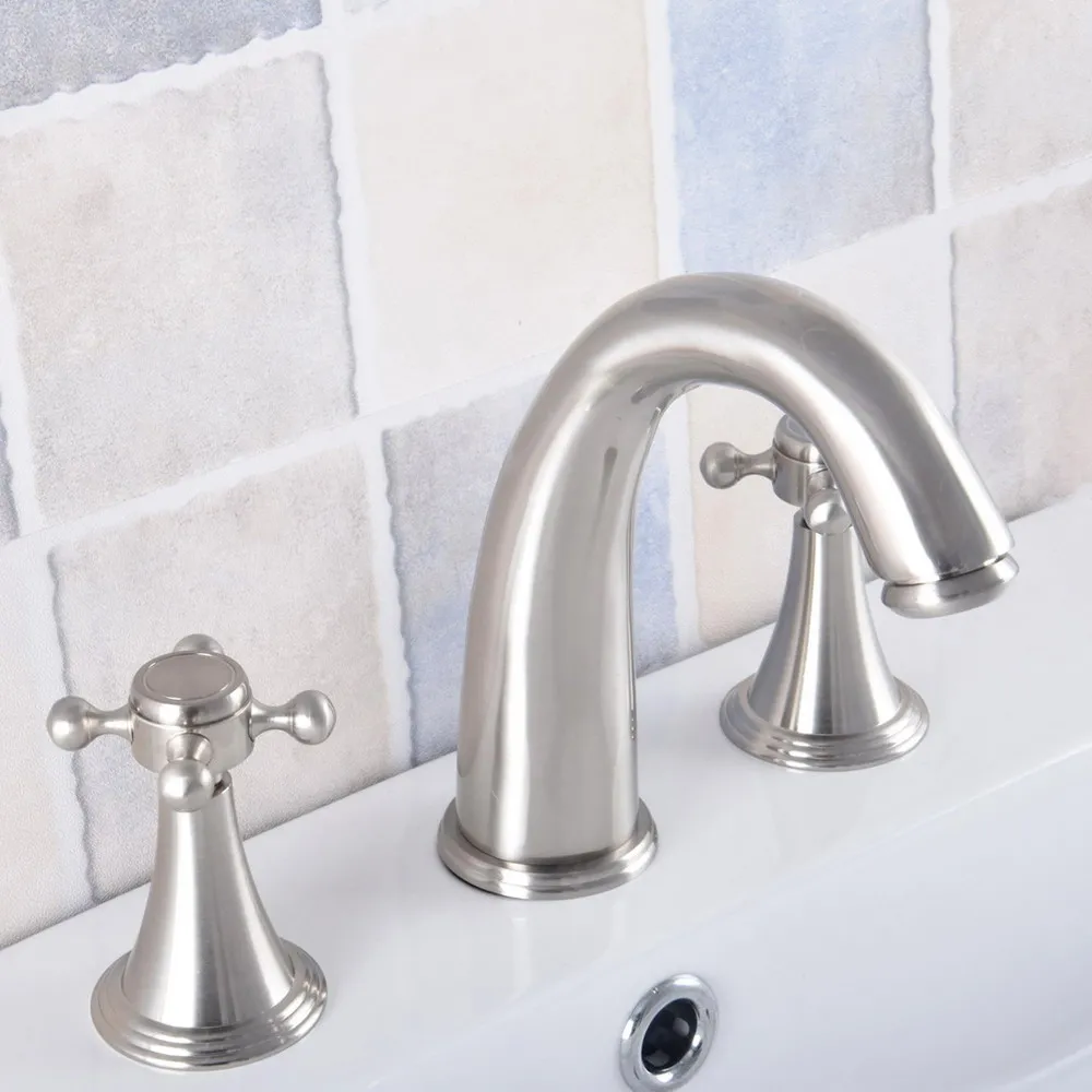 

Nickel Brushed Widespread Bathroom Faucet Brass Basin Sink Faucets 3 Hole Hot And Cold Water Faucet Tap Lnf681