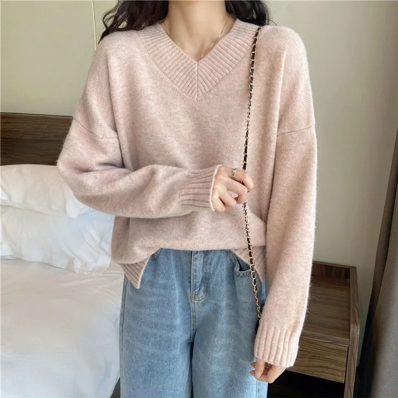 Women Spring Autumn Casual Loose Pullover Warm All-Match Tops Chic Streetwear Jumpers Vintage Solid Color V-Neck Knitted Sweater