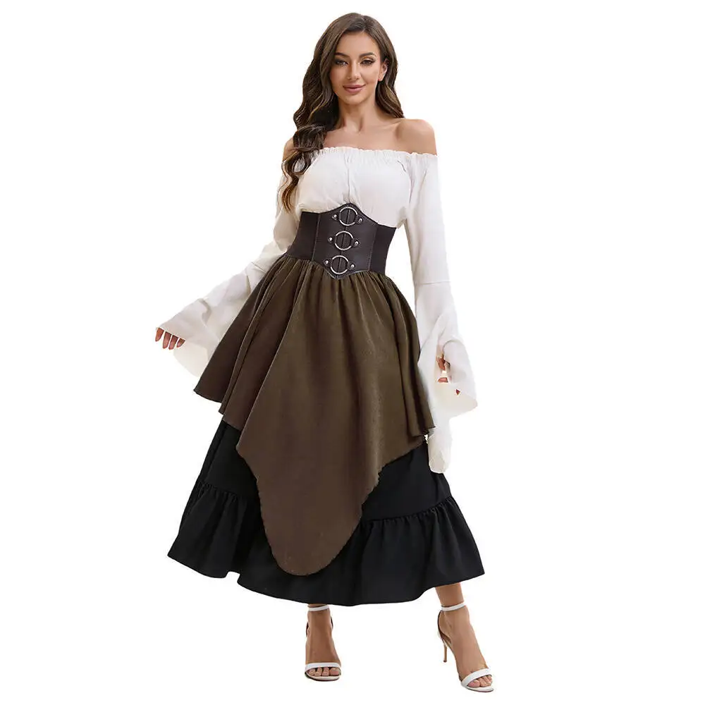 Summer women's retro medieval large skirt with red and white checkered irregular half skirt, long skirt, top, waist cinching set