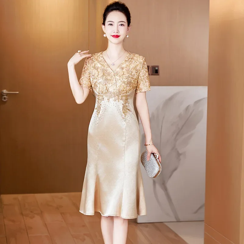 Yourqipao 2024 New Summer Short-sleeved Mother Of The Bride Cheongsam Chinese Qipao Fishtail Skirt For Women