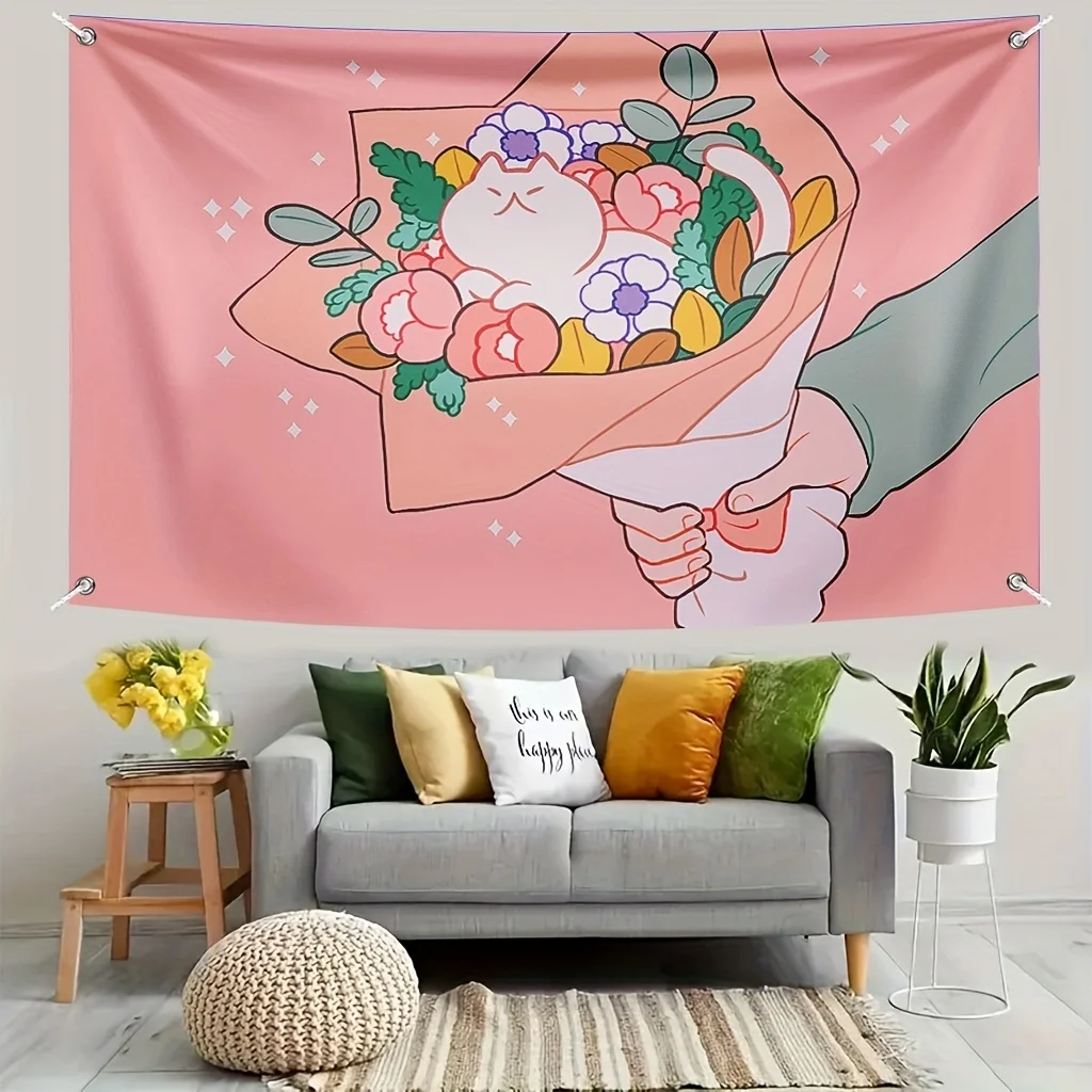 Charming Cat and Flowers Tapestry - Whimsical Wall Hanging for Home Decor, Perfect Gift for Those Who Love Cute