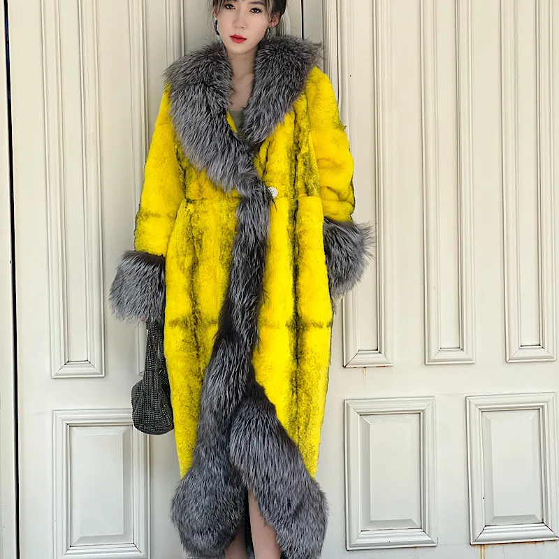 2024Winter Women  Real Rabbit Fur Coats With Fox Lapel Collar Natural Whole Skin Rabbit Fur Long Jackets Overcoat Luxury