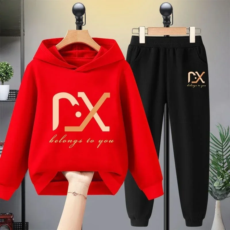 Autumn and winter children's long sleeved hooded top and pants set; Comfortable and casual, featuring cool letter prints