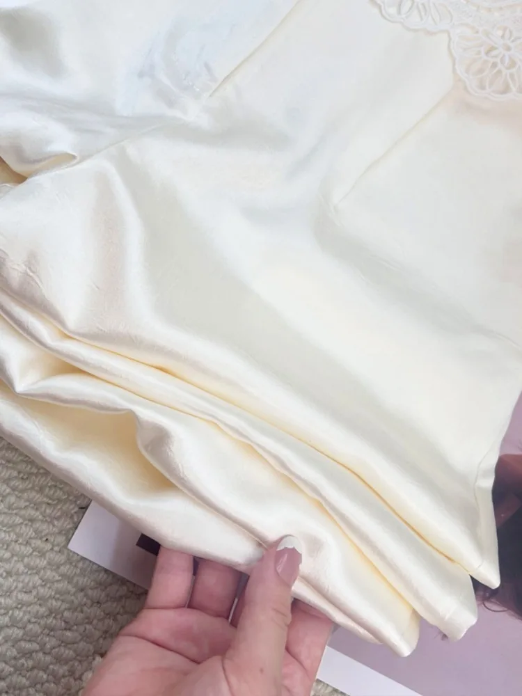 ลูกไม้ patchwork กรดอะซิติกซาตินกางเกงขากว้างผู้หญิงฤดูร้อนบางสูงเอว slimming ขาตรงกางเกงสบายๆ