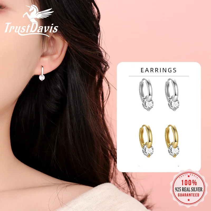 Trustdavis Echt 925 Silber, modische, einfache, runde Zirkonia-Tropfenohrringe für Damen, für den täglichen Gebrauch, Schmuck, Geschenk, DS4235