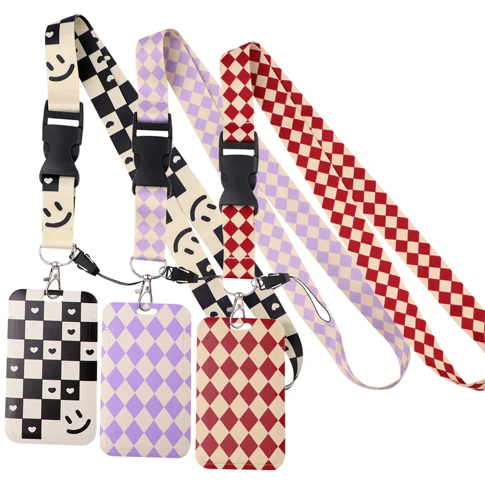 Simple Grid Pattern Women Lanyard For Keys Chain Neck Straps Badge Holder Key Ring ID Credit Card Cover Pass Mobile Phone Charm