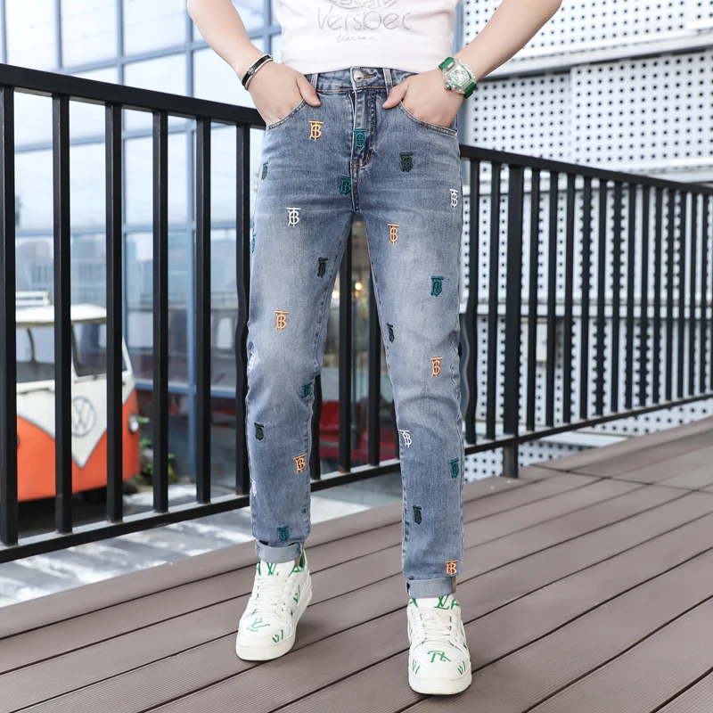 

Washed Cotton Stretch Denim Jeans Men's Slim Fit Casual Long Pants Autumn 2024 Trendy Brand Embroidered Elastic Versatile