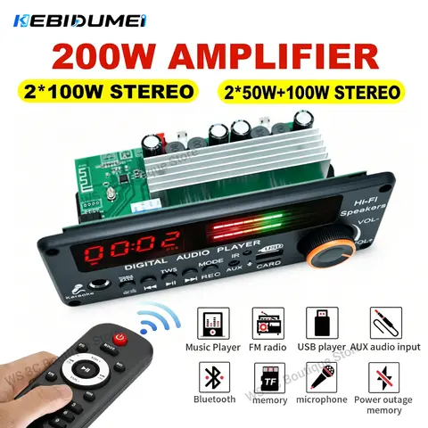 Amplificador KEBIDUMEI 200W Bluetooth 5.3 Placa Decodificadora MP3 WMA 12V 100W Áudio Automotivo Mãos Livres Microfone 6.5MM USB TF FM Reprodutor de Música DIY