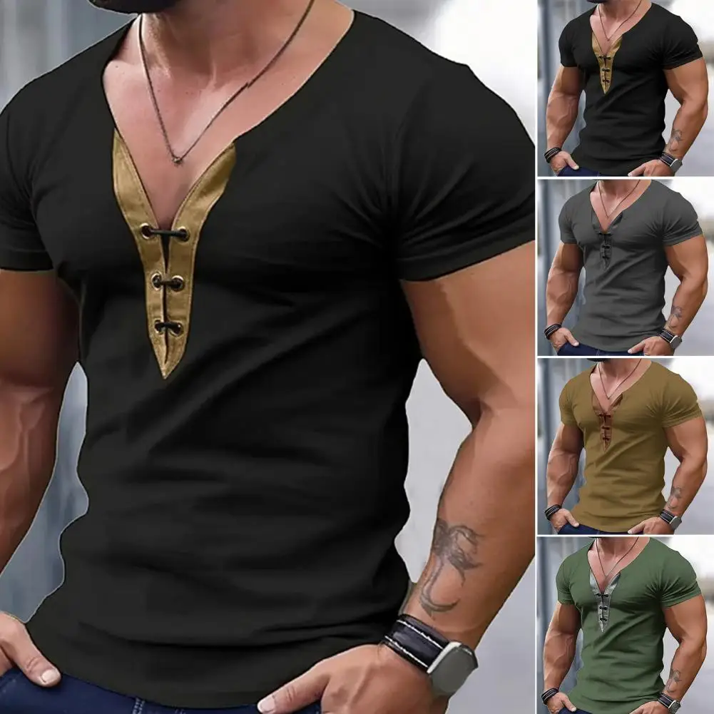 Tie Collar T-shirt Stylish Men\'s V Neck Slim Fit Lace Up T-shirt for Summer Casual Wear Solid Color V-neck Top