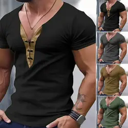 Tie Collar T-shirt Stylish Men's V Neck Slim Fit Lace Up T-shirt for Summer Casual Wear Solid Color V-neck Top