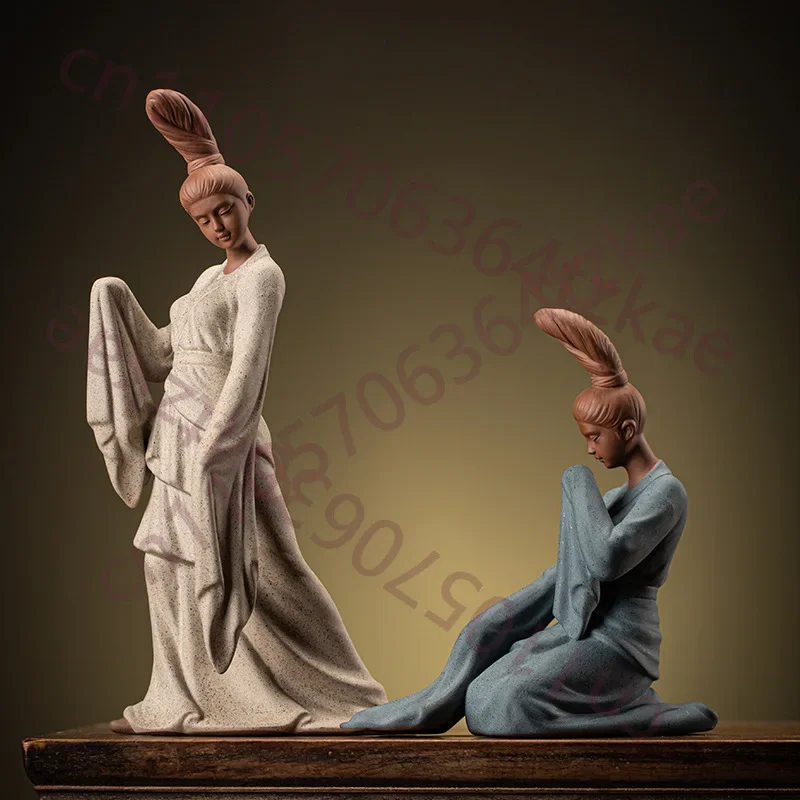 Zen Chinese Ancient Dancing Statue for Women, Beautiful Women Statues, Ceramic, Purple Sand, Tea Room Decorations, Gift