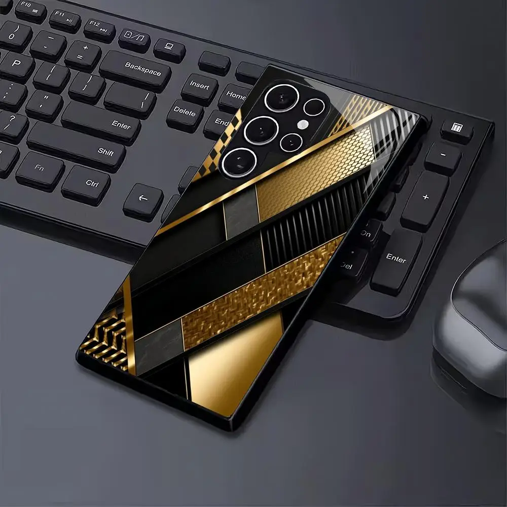 Gold patterned black glass phone case suitable for Samsung Galaxy S26 S25 S24 S23 S22 S20 FE/Ultra/Plus anti drop back cover