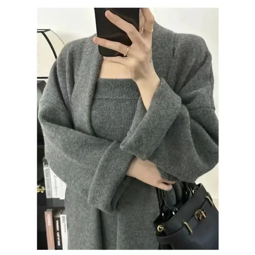 Spring and Autumn Retro Bag Hip Split Skirt Knitted Dress Thickened Medium to Long Knitted Cardigan Two Piece Set for Women