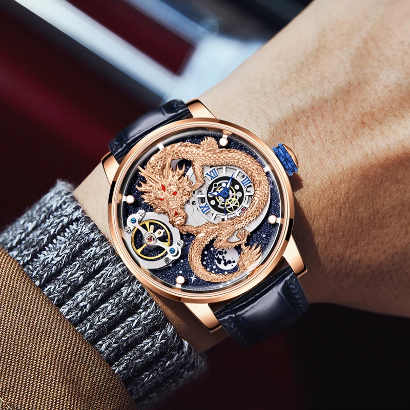 HANBORO Men Automatic Watch Luxury 45.5mm Mechanical Wristwatch Luminous 5D Carved Dragon Dial Leather Strap
