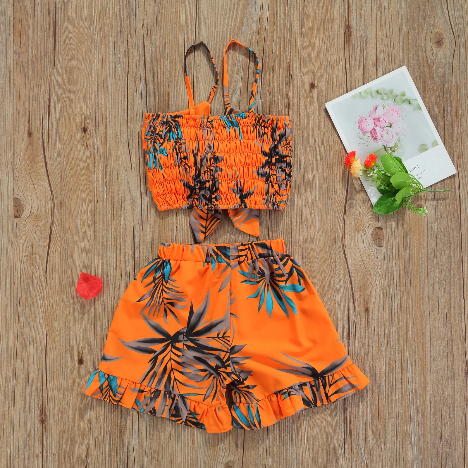 Girl Tops Shorts Suit Bowknot Sling Summer Shirt Leaf Printed Beach Vest Loose Pants 1-7 Years