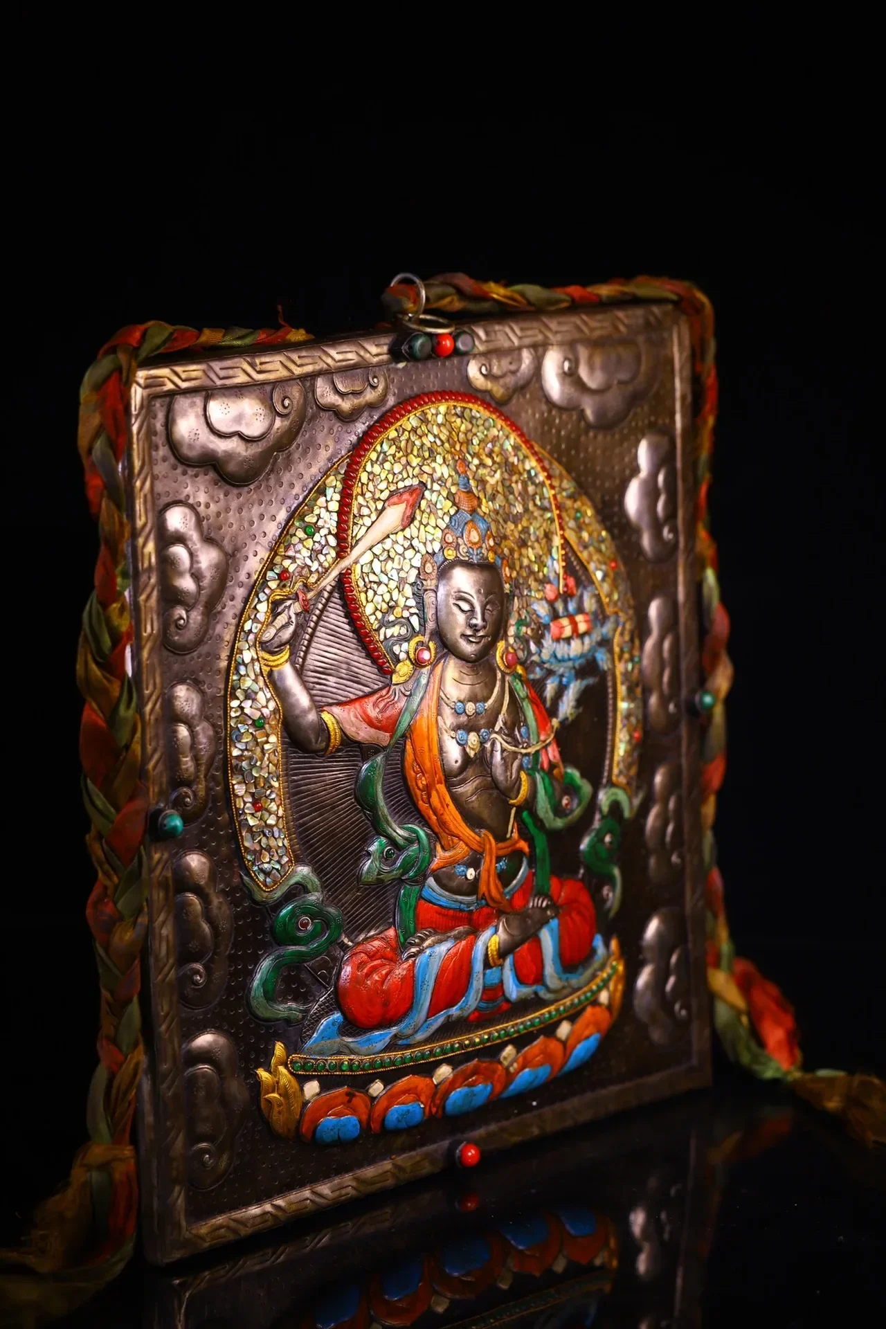 

14"Tibetan Temple Collection Old Tiantie Cinnabar Mosaic Gem Shell Manjushri Bodhisattva Buddha Statue Worship Hall Wall hanging
