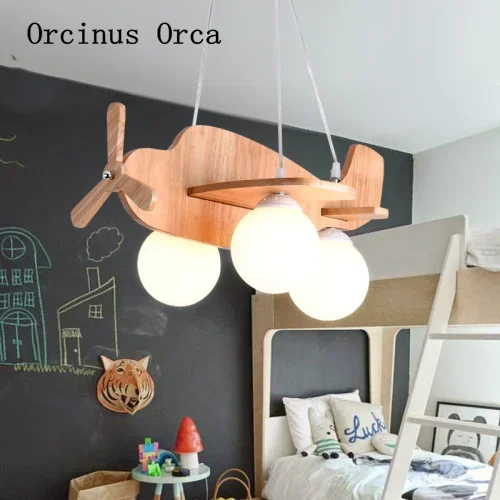 Creative Cartoon Colorful Solid Wood Aircraft Chandelier Boys  Girls Bedroom Children's Room Lamp LED Decorative Chandelier