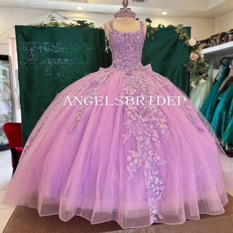 Angelsbridep vestido de baile púrpura claro brillante, dulce 16, quinceañera, vestidos con apliques, encaje, Tull, Princesa, vestidos de fiesta de cumpleaños