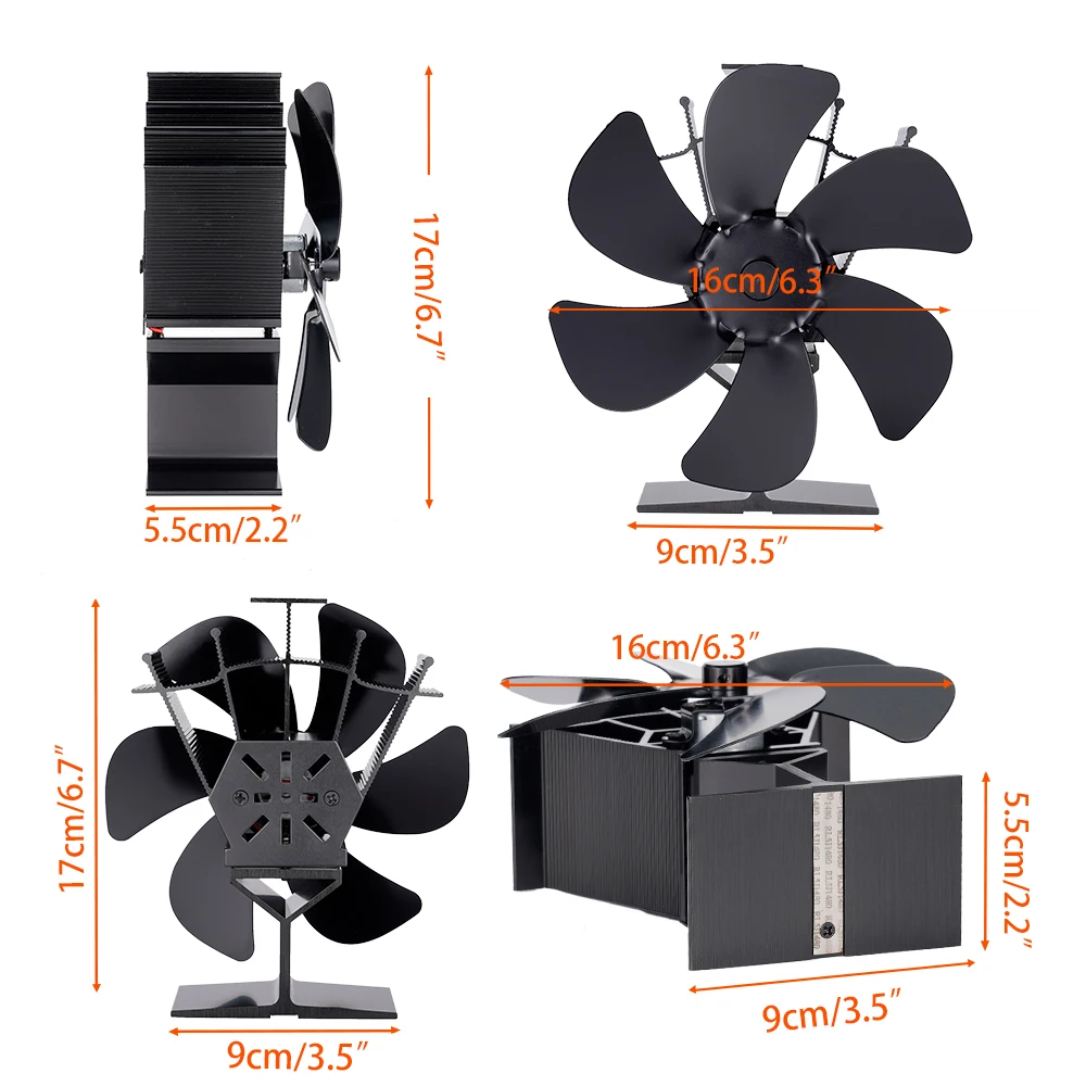 6 Blades Heat Powered Stove Fan Black Fireplace Fan Log Wood Burner Eco-fan Quiet Heater Home Efficient Heat Distribution