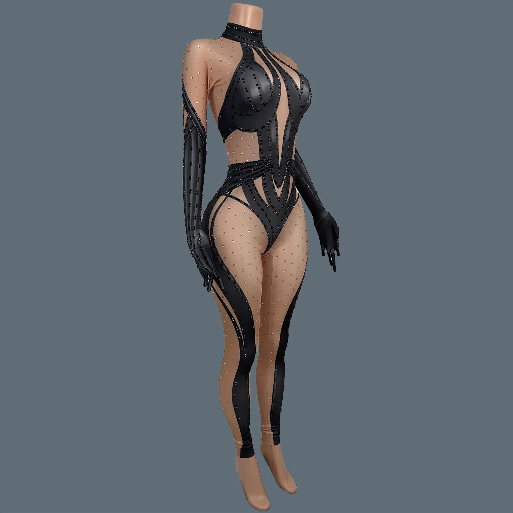 Black Spandex Elastic Tight Fitting Jumpsuit Long Sleeve Rhinestone Drag Queen Performer Wear Club Stage Dance Bodysuit Tiepi view 4