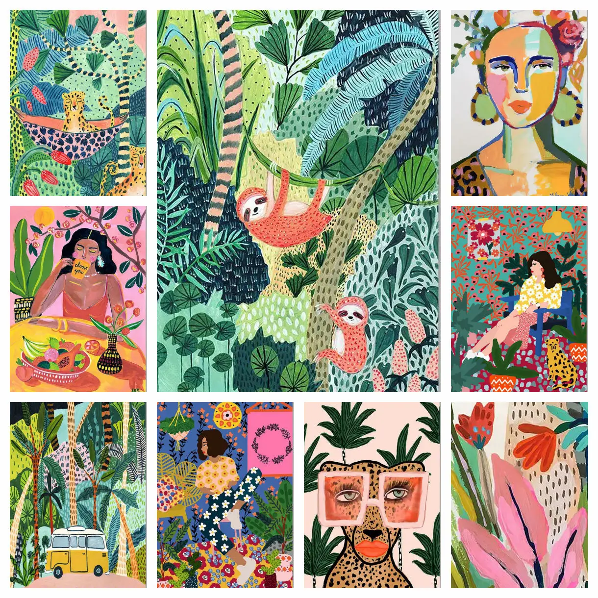 열대적인 컬러풀 소녀 자동차 꽃 코알라 표범 벽 예술 DIY 다이아몬드 페인팅