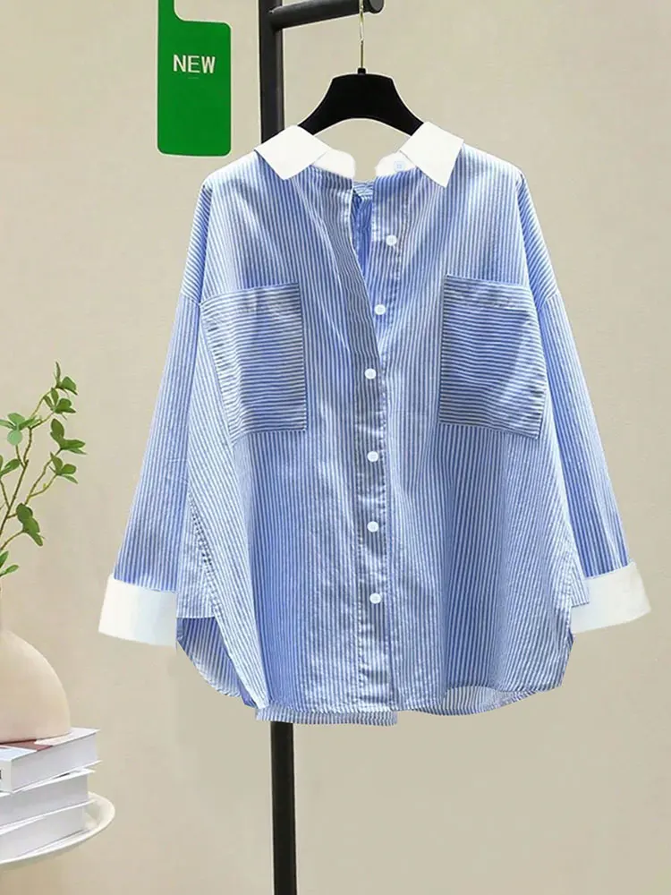 

Новая популярная женская рубашка с пуговицами, модный полосатый топ, уникальный дизайн на пуговицах сзади, элегантная универсальная одежда, осень
