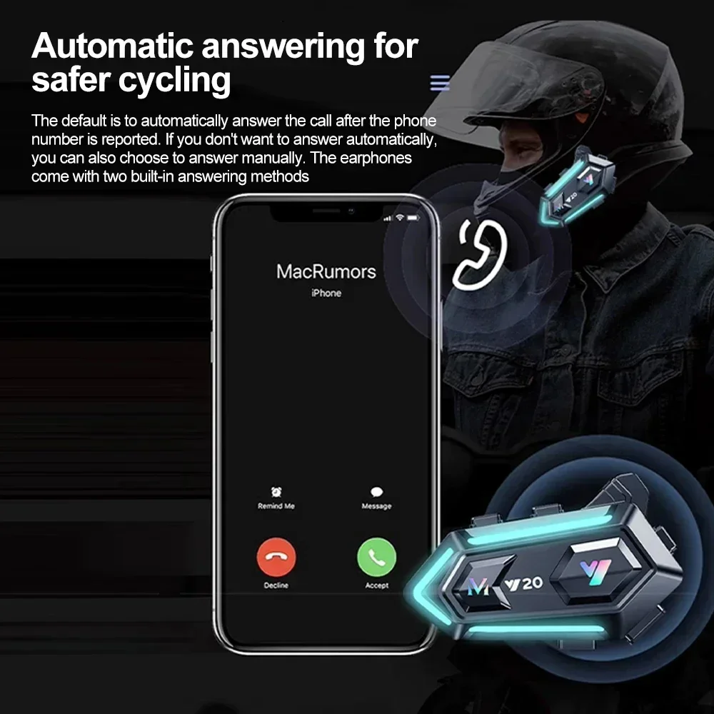 Motorhelm Headset Bluetooth 5.3 Spraakbesturing Draadloos hands-on Praten Waterdicht Ondersteuning Verbinden van 2-telefoons tegelijkertijd