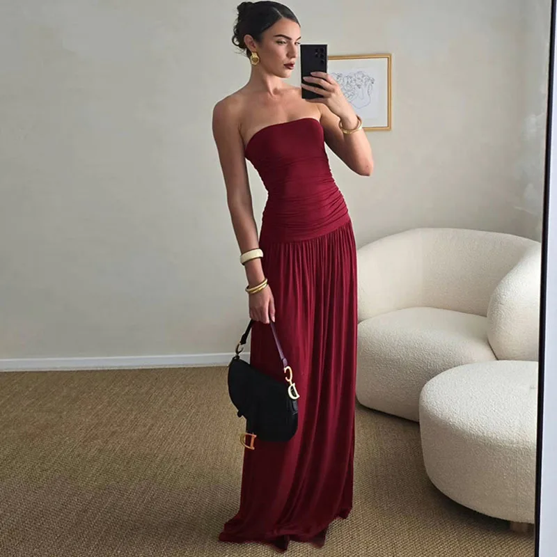 

Apprabant Women Solid Color Slim Fit Basics Dress 2025 Summer Fashion Sleeveless Backless Casual Pleated Strapless Vestido