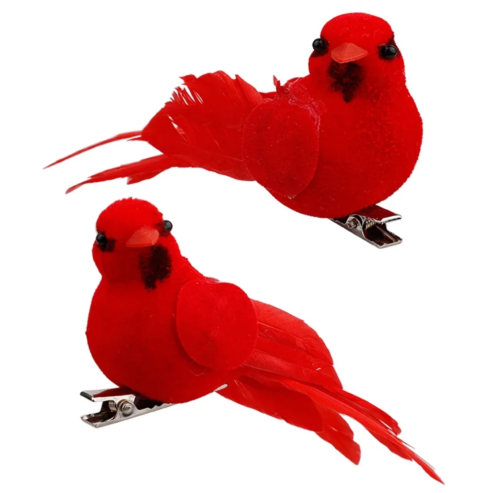 Figuras de pájaros rojos artificiales, Cardinales con Clip, pájaros emplumados, adornos navideños, decoraciones para árboles, suministros de Navidad, 10 Uds.