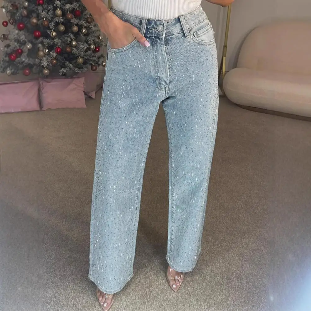 2025 Women Faux Pearl Embellished Jeans Elegant Women Jeans Trendy Faux Pearl Strass Embellished High Waist Jeans Wide Leg pants